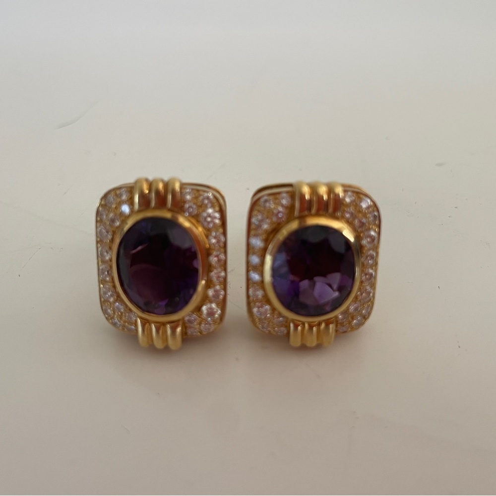 Elegant 18k Yellow Gold Amethyst and Diamond Earrings